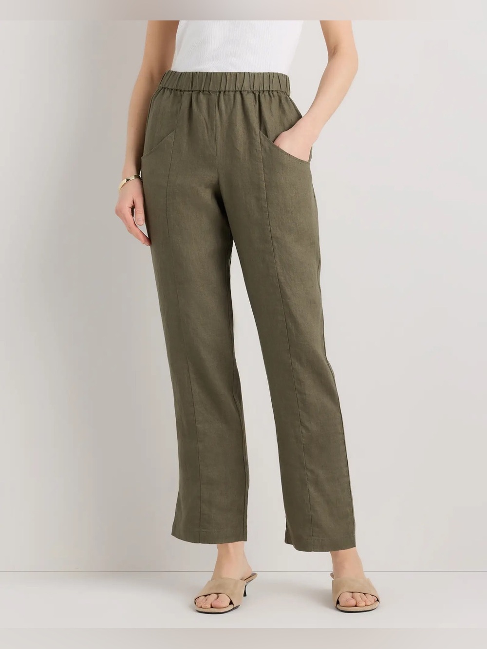 Quince Olive Green Relaxed 100% European Linen Tapered Ankle Pants Small